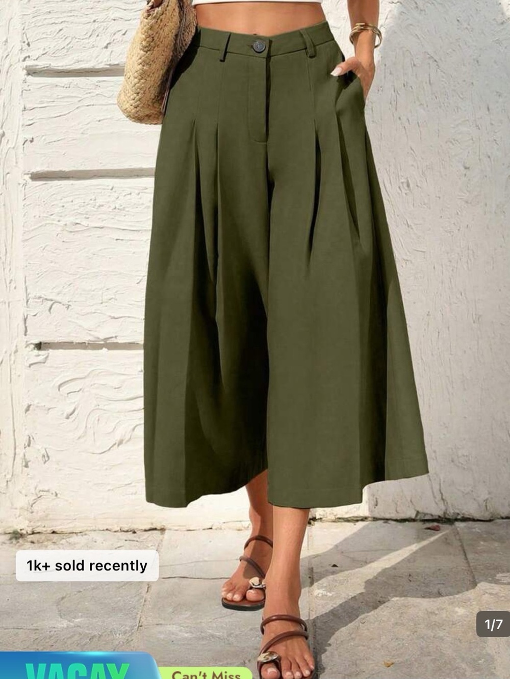 Olive Green Wide-Leg Pleated capri linen pants